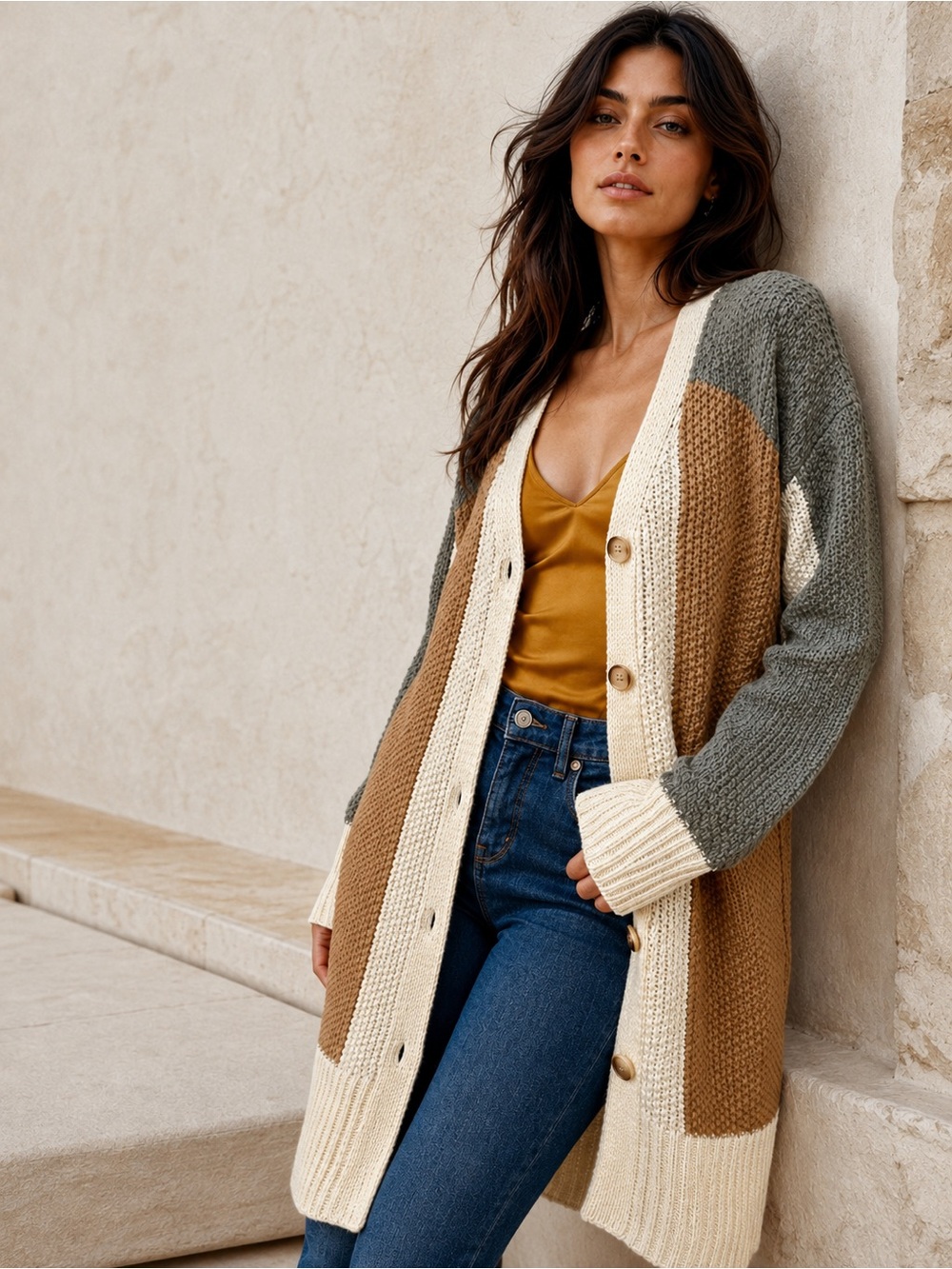 Skies Are Blue NWT Longline Textured Geometric Chunky Knit Cardigan, Size Small